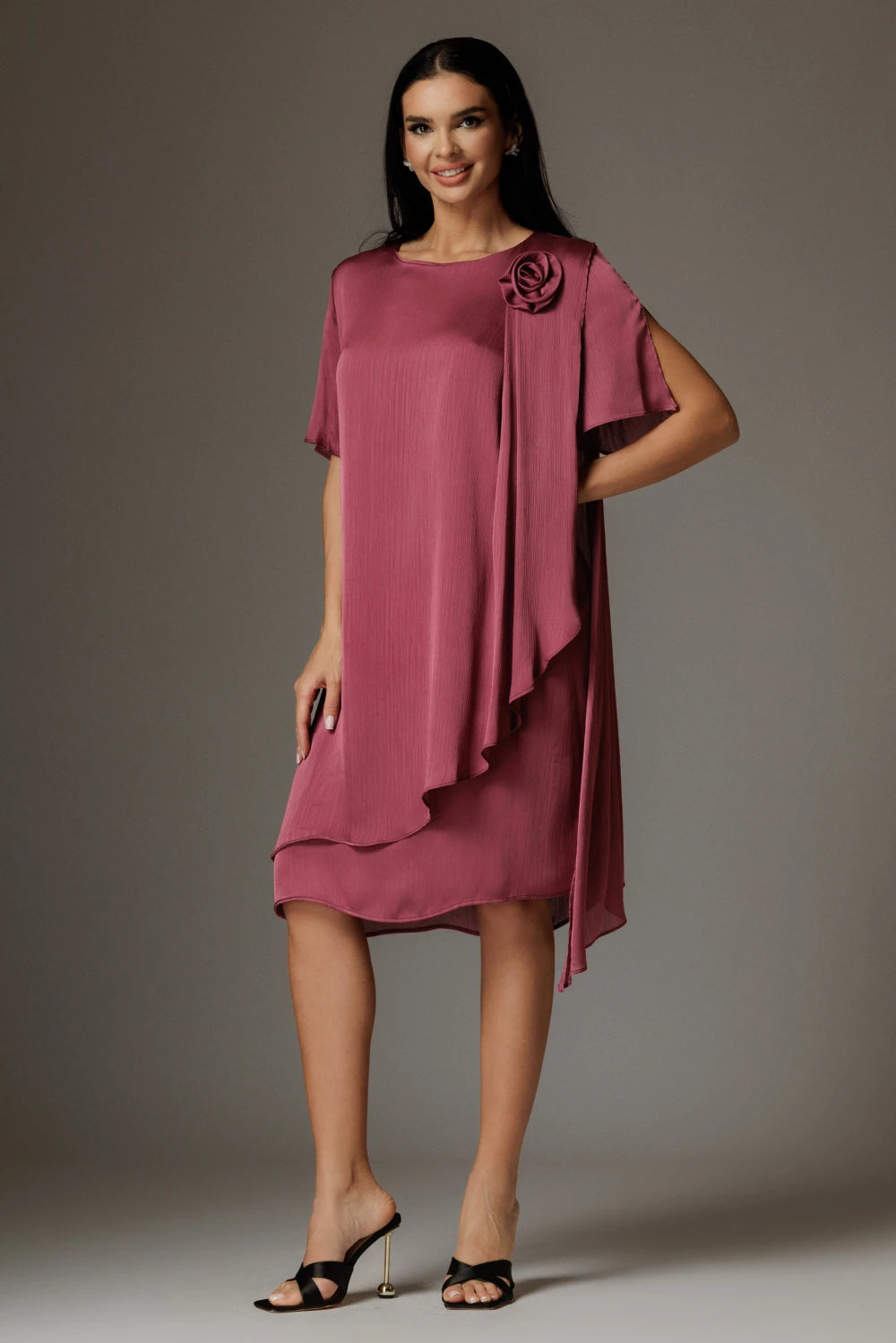 Rochie Adelina mov cu volane asimetrice