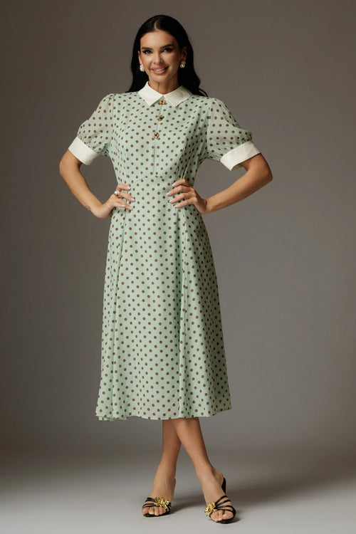 Rochie Adeline verde cu buline maro