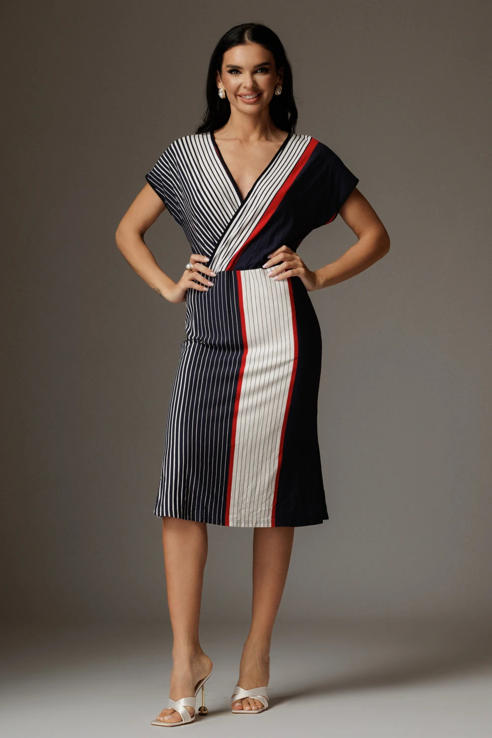 Rochie Adria rosu cu dungi verticale