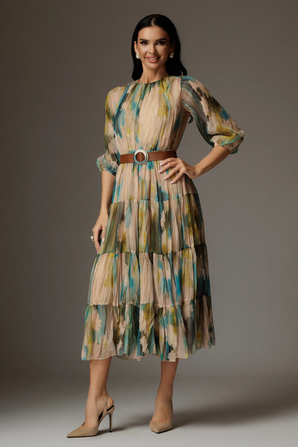Rochie Alexandra turcoaz cu print abstract