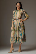 Rochie Alexandra turcoaz cu print abstract