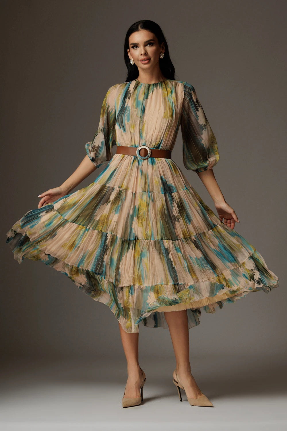 Rochie Alexandra turcoaz cu print abstract 2