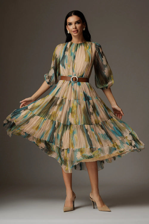 Rochie Alexandra turcoaz cu print abstract 2