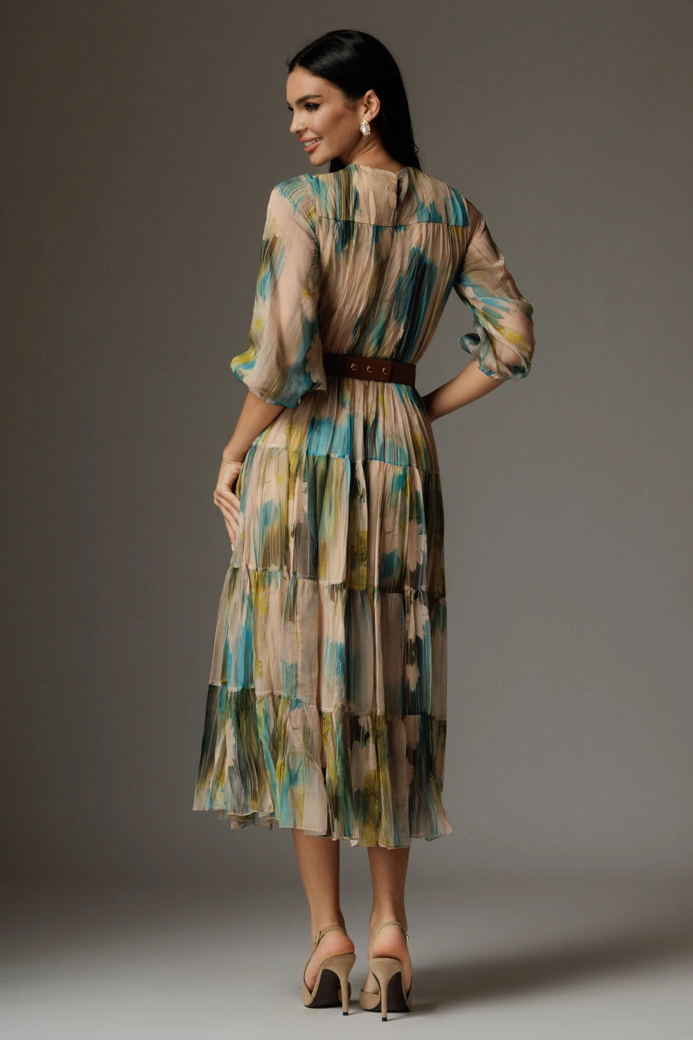 Rochie Alexandra turcoaz cu print abstract 3