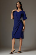 Rochie Audrey albastru eleganta cu drapaj si aplicatie