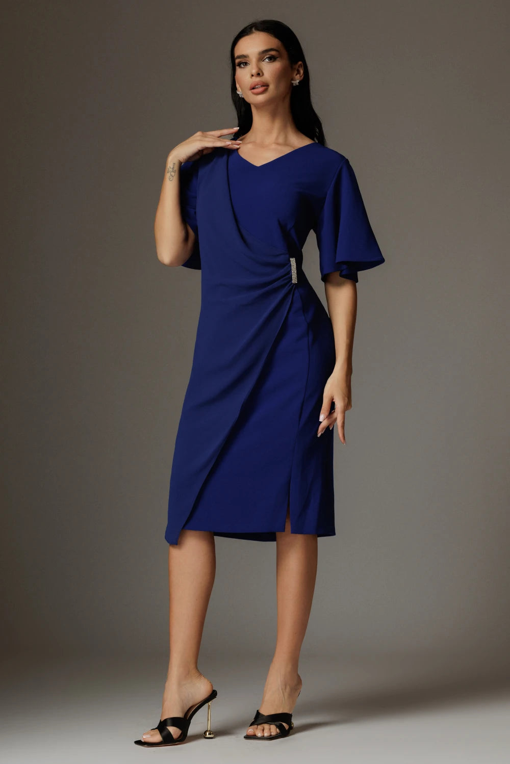 Rochie Audrey albastru eleganta cu drapaj si aplicatie