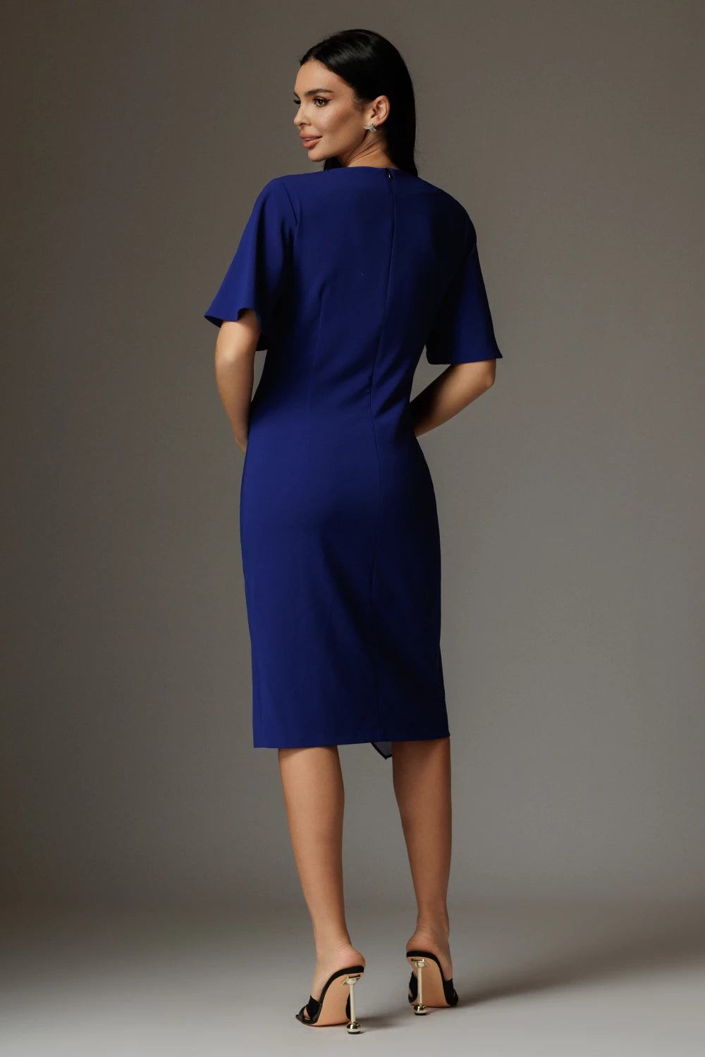 Rochie Audrey albastru eleganta cu drapaj si aplicatie 2