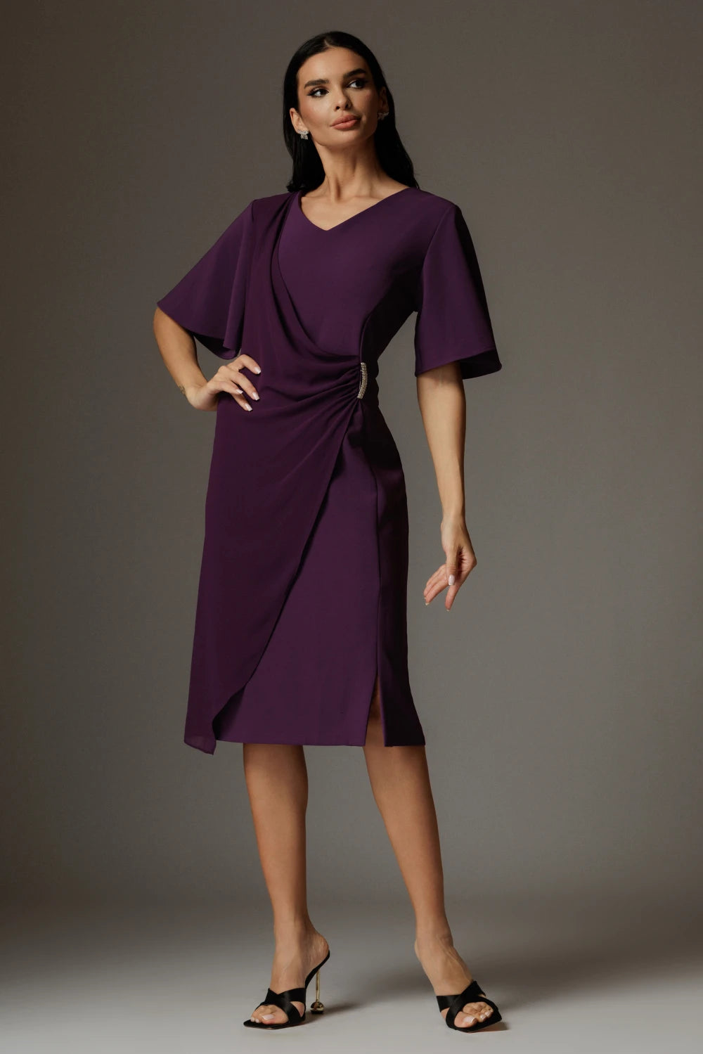 Rochie Audrey mov eleganta cu drapaj si aplicatie