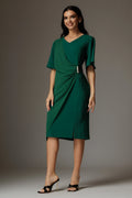 Rochie Audrey verde eleganta cu drapaj si aplicatie