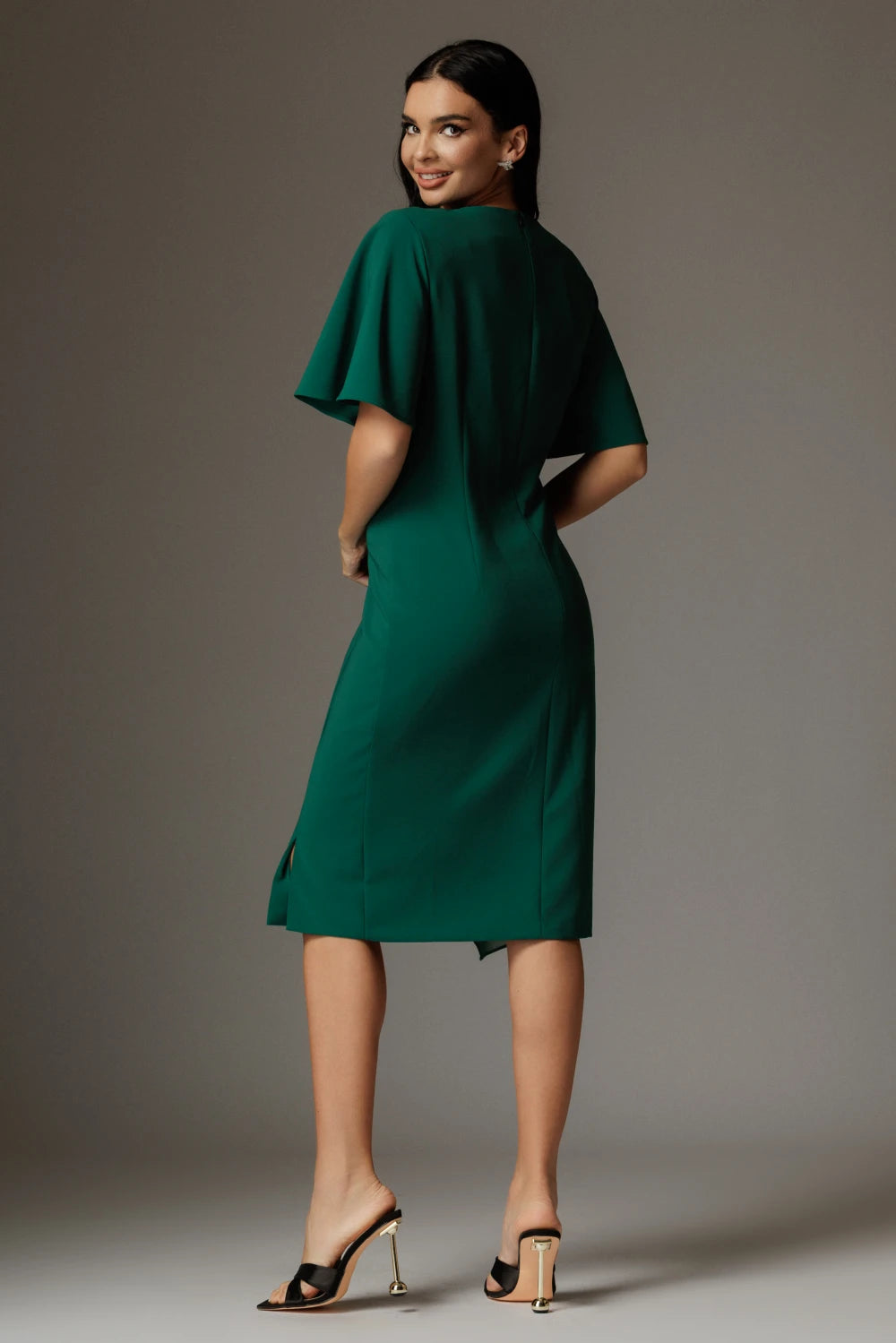 Rochie Audrey verde eleganta cu drapaj si aplicatie 2