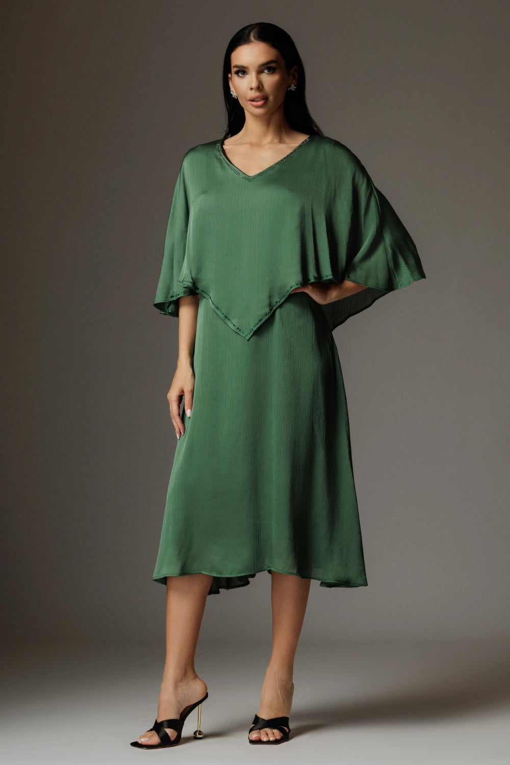 Rochie Camila verde cu volan supradimensionat