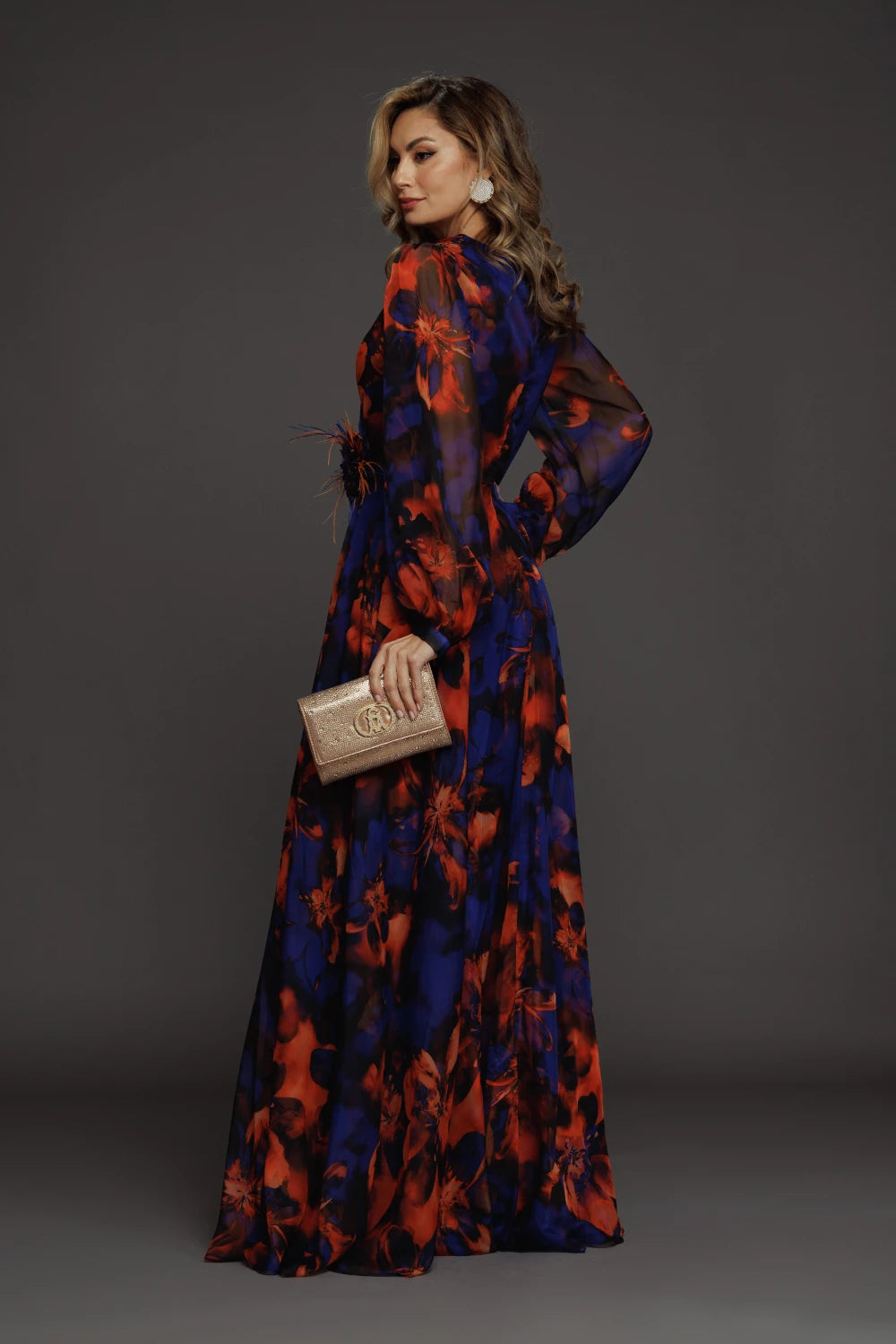 Rochie lunga Devon albastra cu portocaliu 2