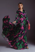 Rochie lunga Devon satinata verde cu fucsia