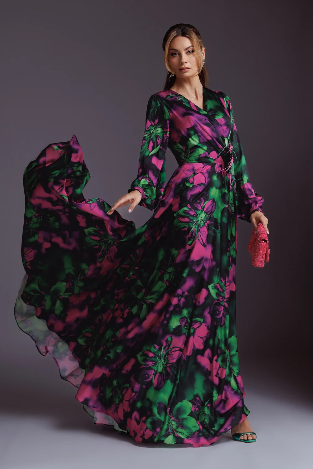 Rochie lunga Devon satinata verde cu fucsia