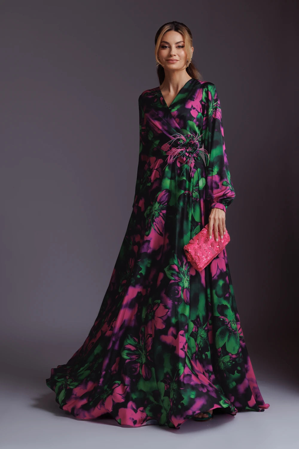 Rochie lunga Devon satinata verde cu fucsia 2