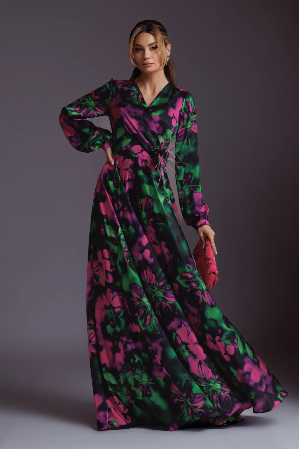 Rochie lunga Devon satinata verde cu fucsia 3