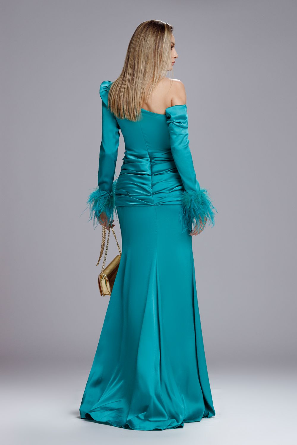 Rochie lunga Eveline verde turcoaz cu pene 3