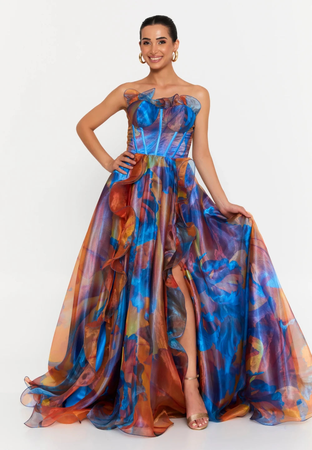 Rochie lungă Joy multicoloră cu bustieră corset și fustă amplă cu volane pentru evenimente speciale 2