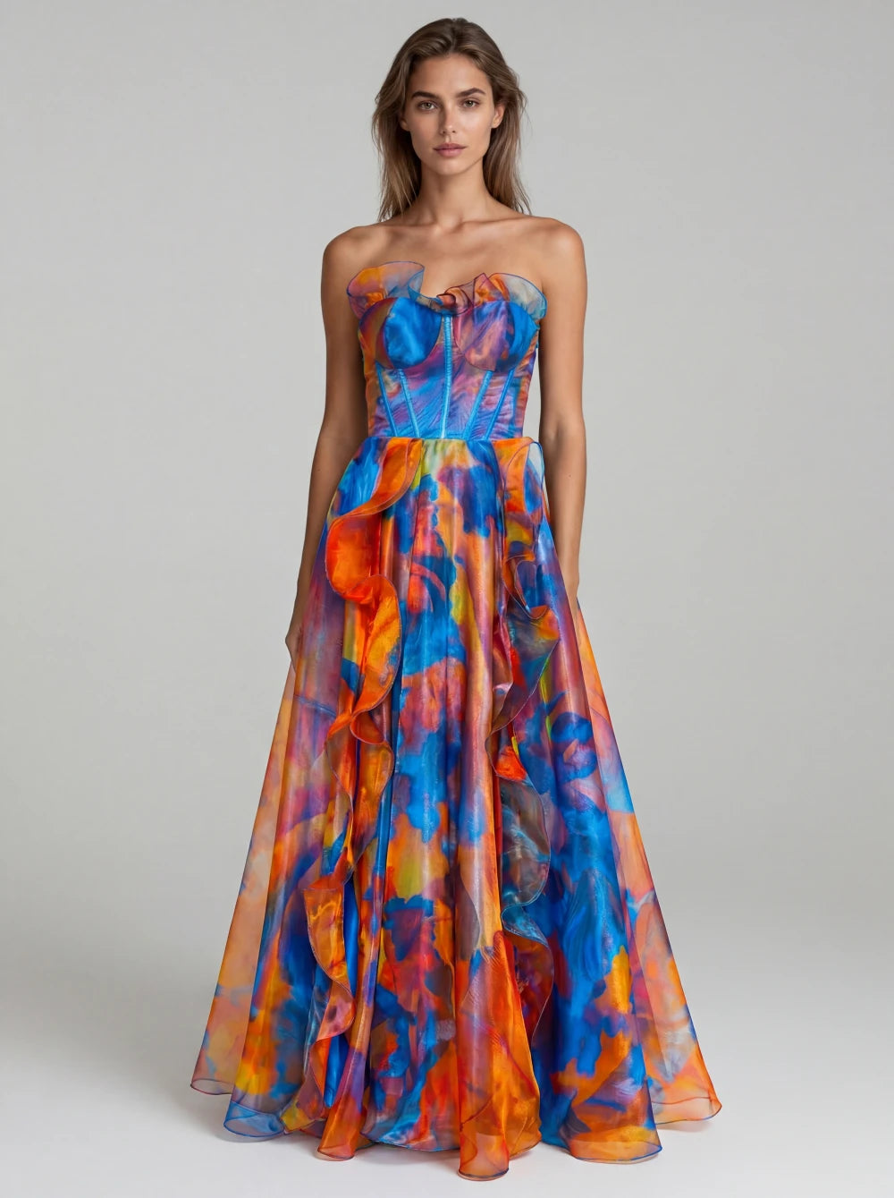 Rochie lungă Joy multicoloră cu bustieră corset și fustă amplă cu volane pentru evenimente speciale