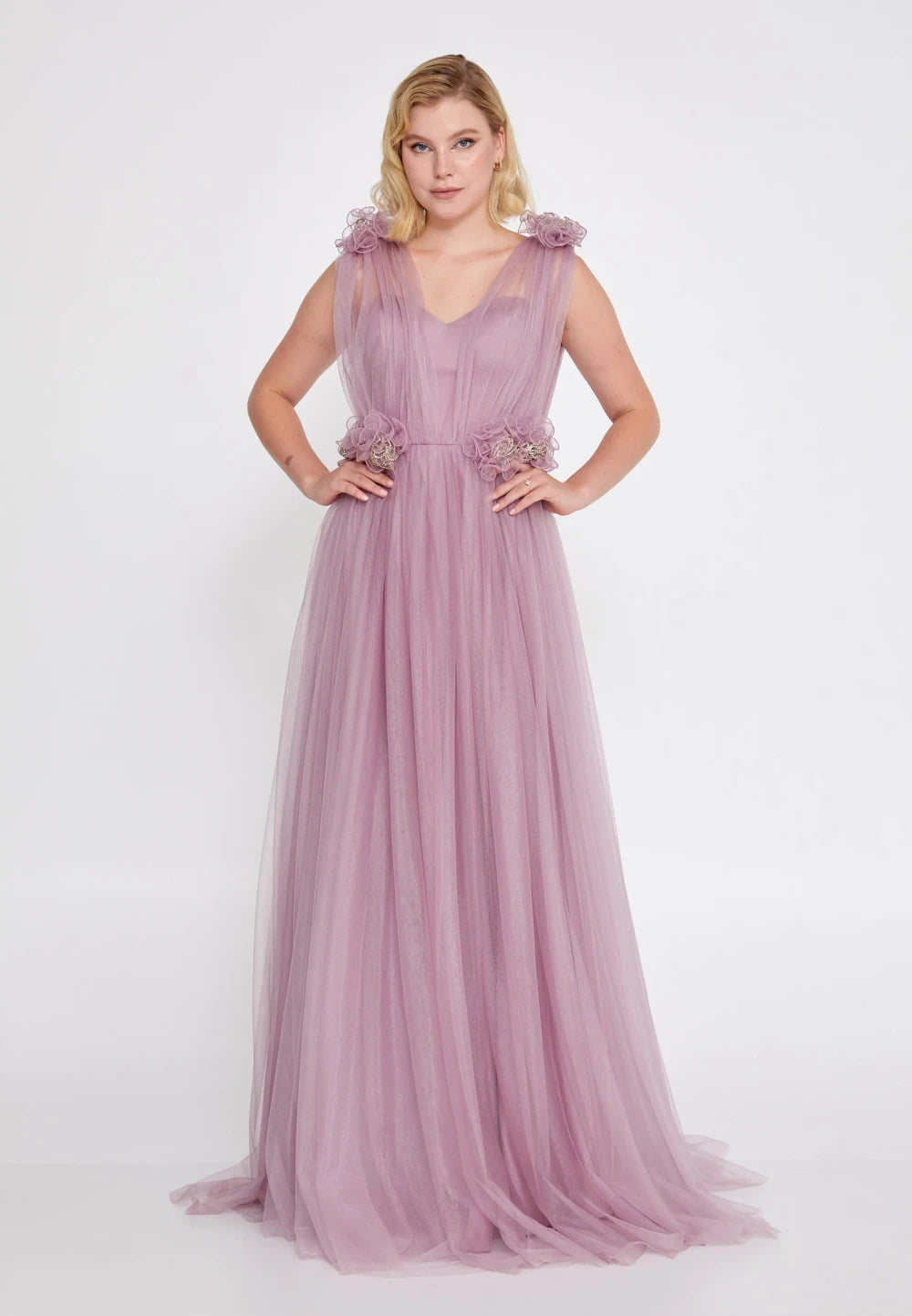 Rochie lungă Kira roz prăfuit din Tulle cu aplicații florale 2