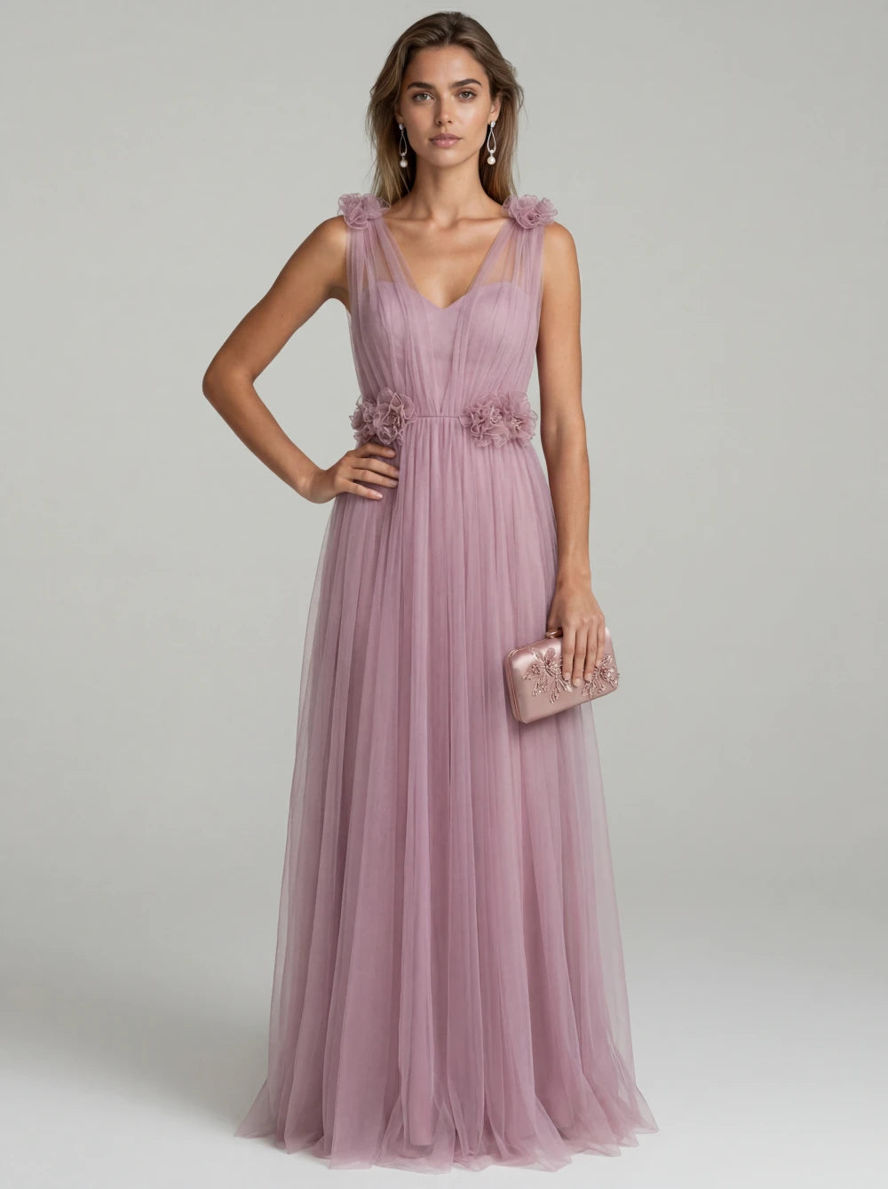 Rochie lungă Kira roz prăfuit din Tulle cu aplicații florale