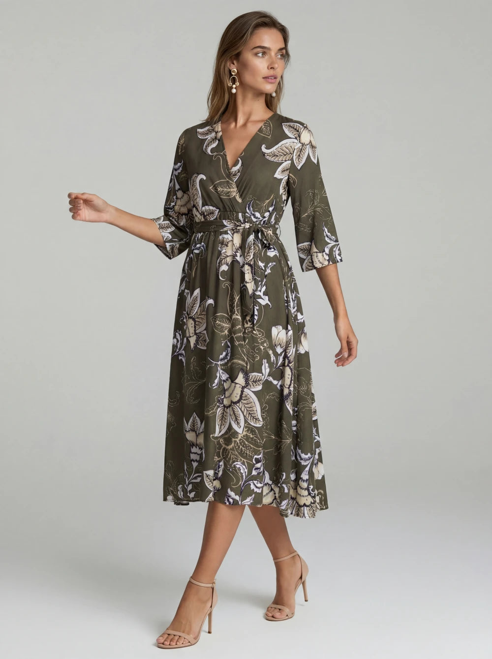 Rochie Patrizia kaki cu imprimeu