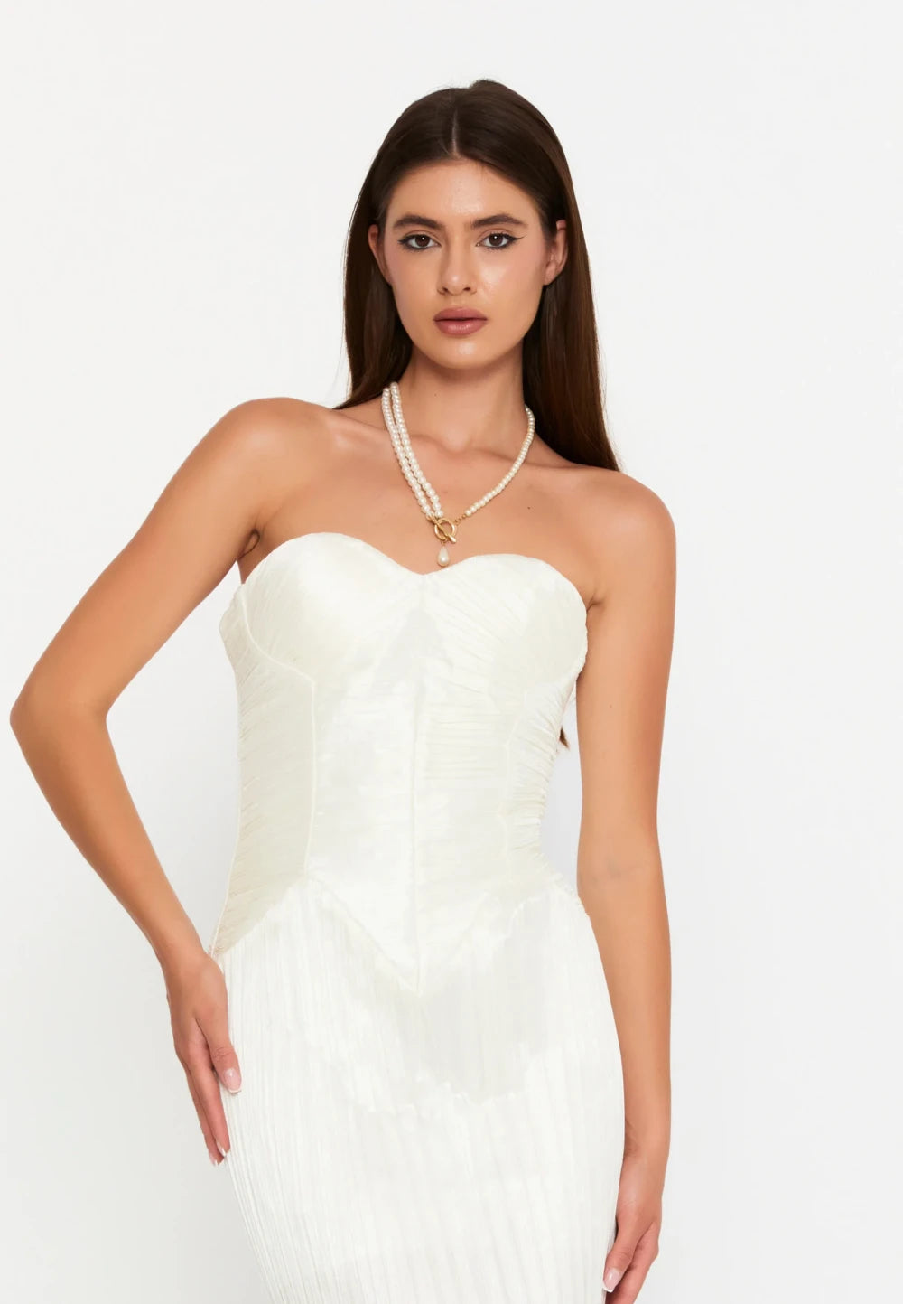 Rochie lungă elegantă alba plisată tip corset pentru evenimente speciale – Ejolie 3