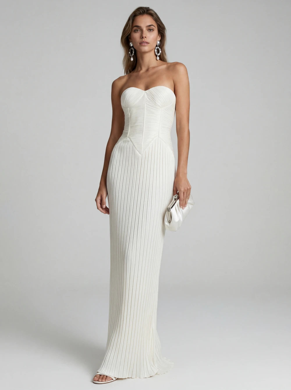 Rochie lungă elegantă alba plisată tip corset pentru evenimente speciale – Ejolie