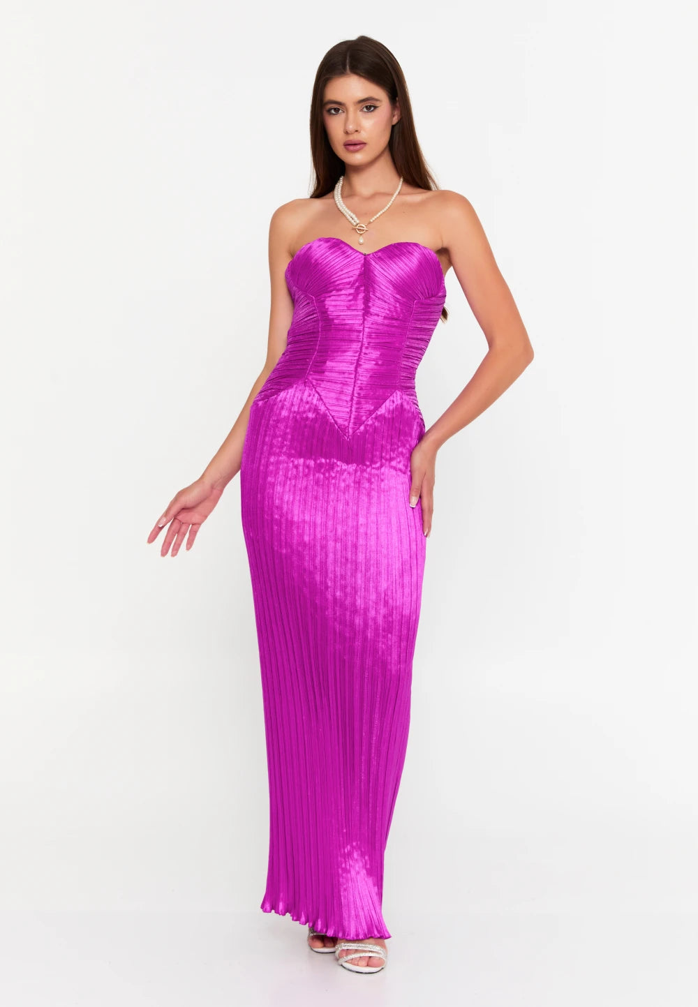 Rochie Lungă Elegantă Fucsia Plisată Tip Corset pentru Evenimente Speciale – Ejolie 2