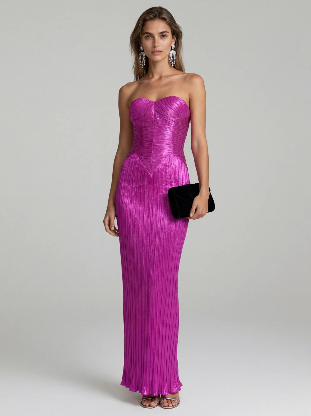 Rochie Lungă Elegantă Fucsia Plisată Tip Corset pentru Evenimente Speciale – Ejolie