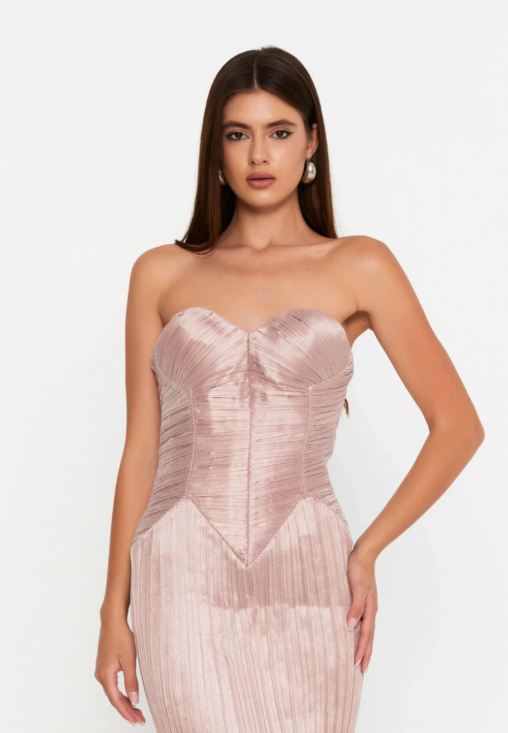 Rochie lungă Queen elegantă roz plisată cu corset sculptat 3