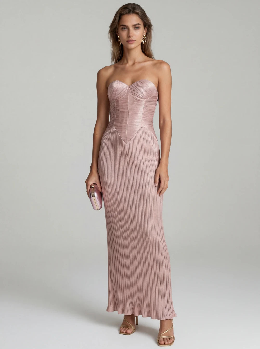 Rochie lungă Queen elegantă roz plisată cu corset sculptat