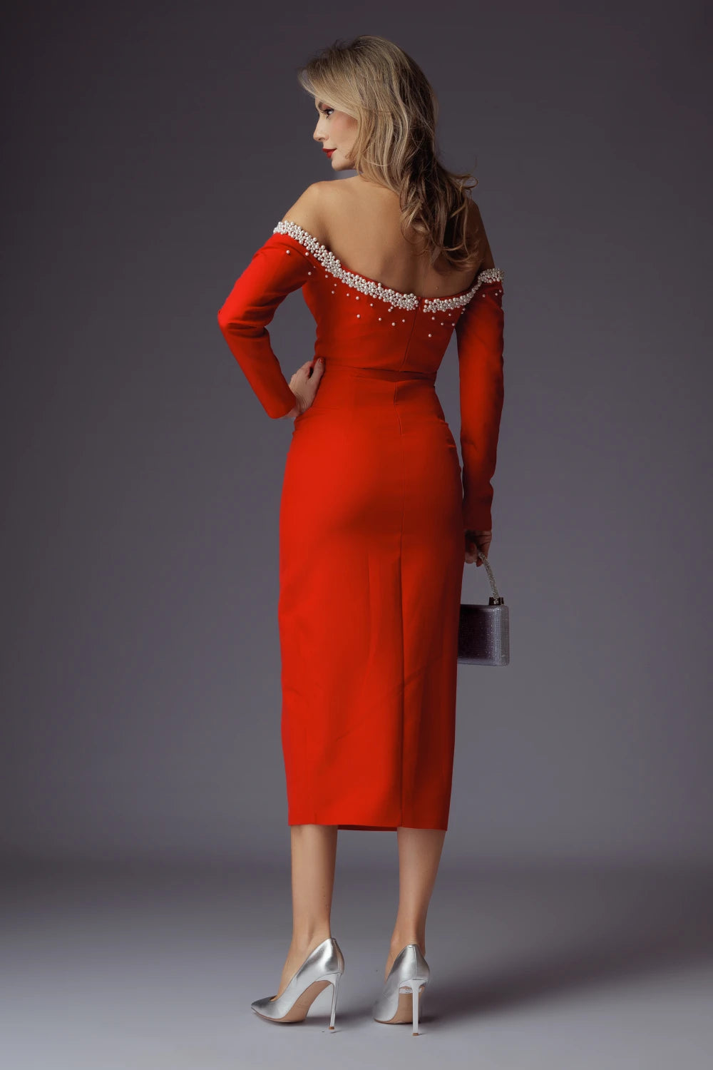 Rochie Ramona rosie cu perle 3