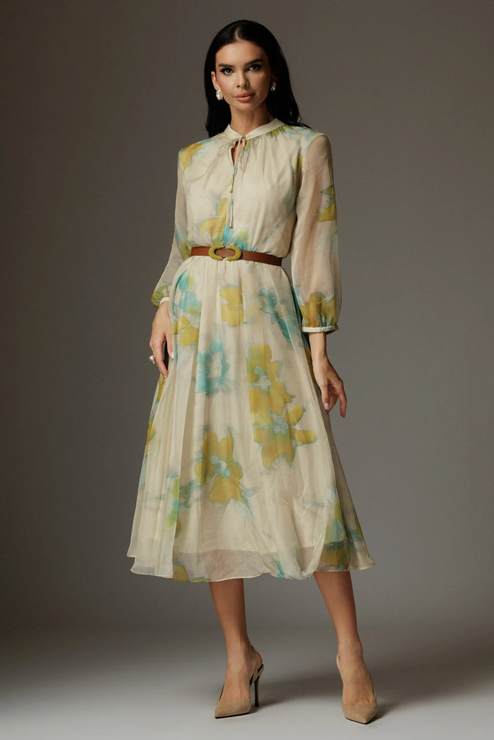 Rochie Theodora bej cu imprimeu floral