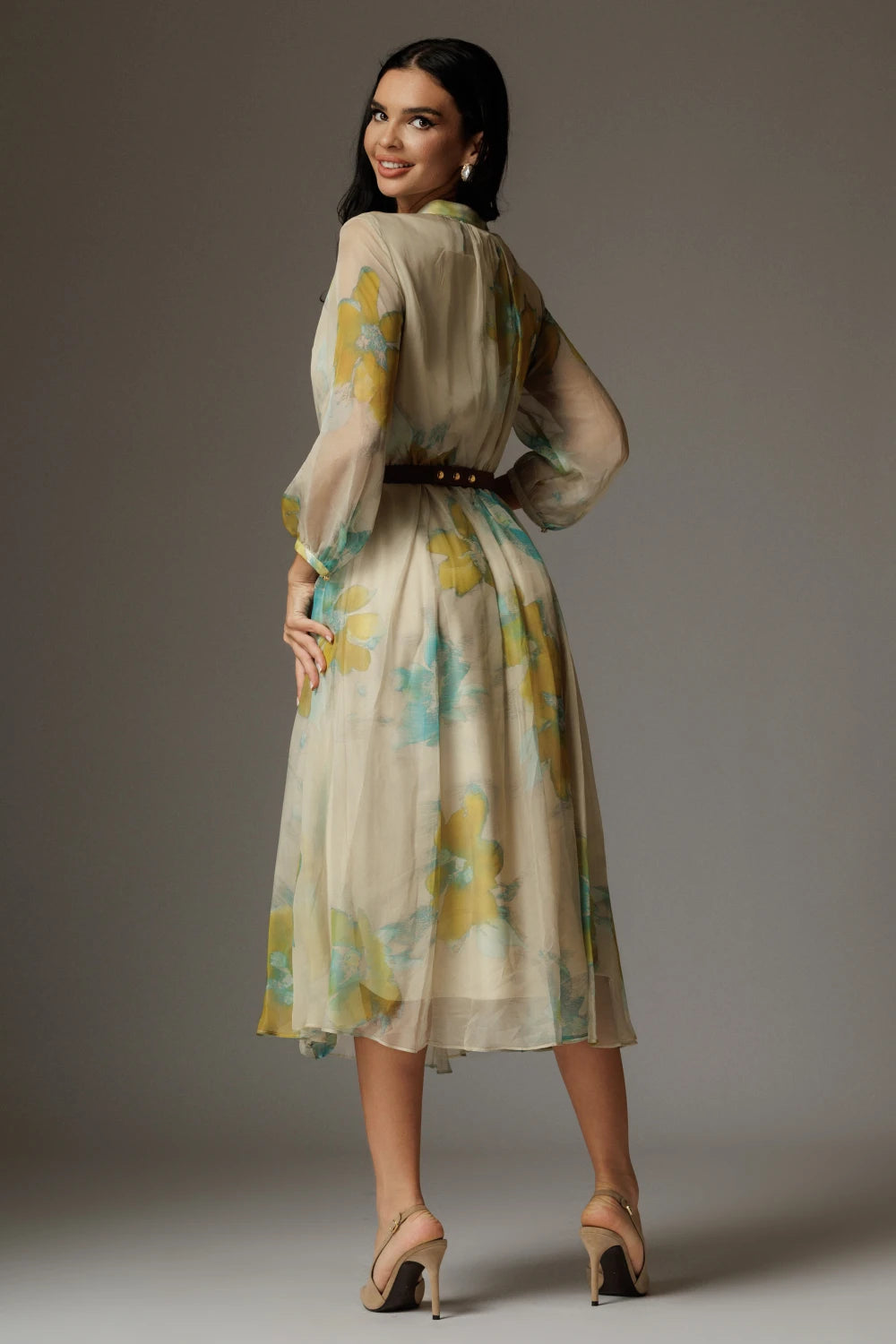 Rochie Theodora bej cu imprimeu floral 2