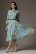 Rochie Theodora bleu cu imprimeu floral