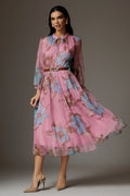 Rochie Theodora lila cu imprimeu floral