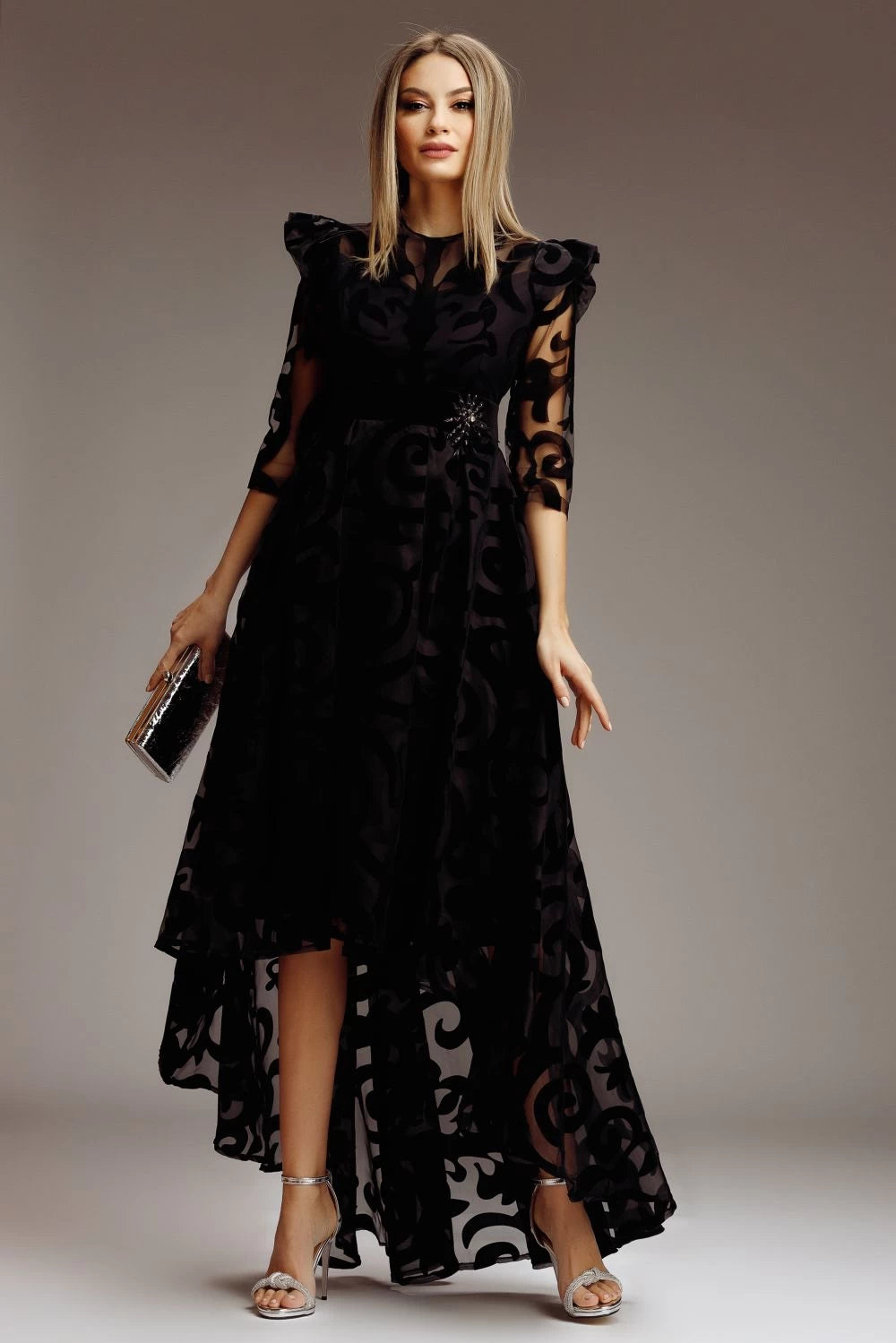 Rochie Veda neagra asimetrica din organza cu insertii din catifea 2