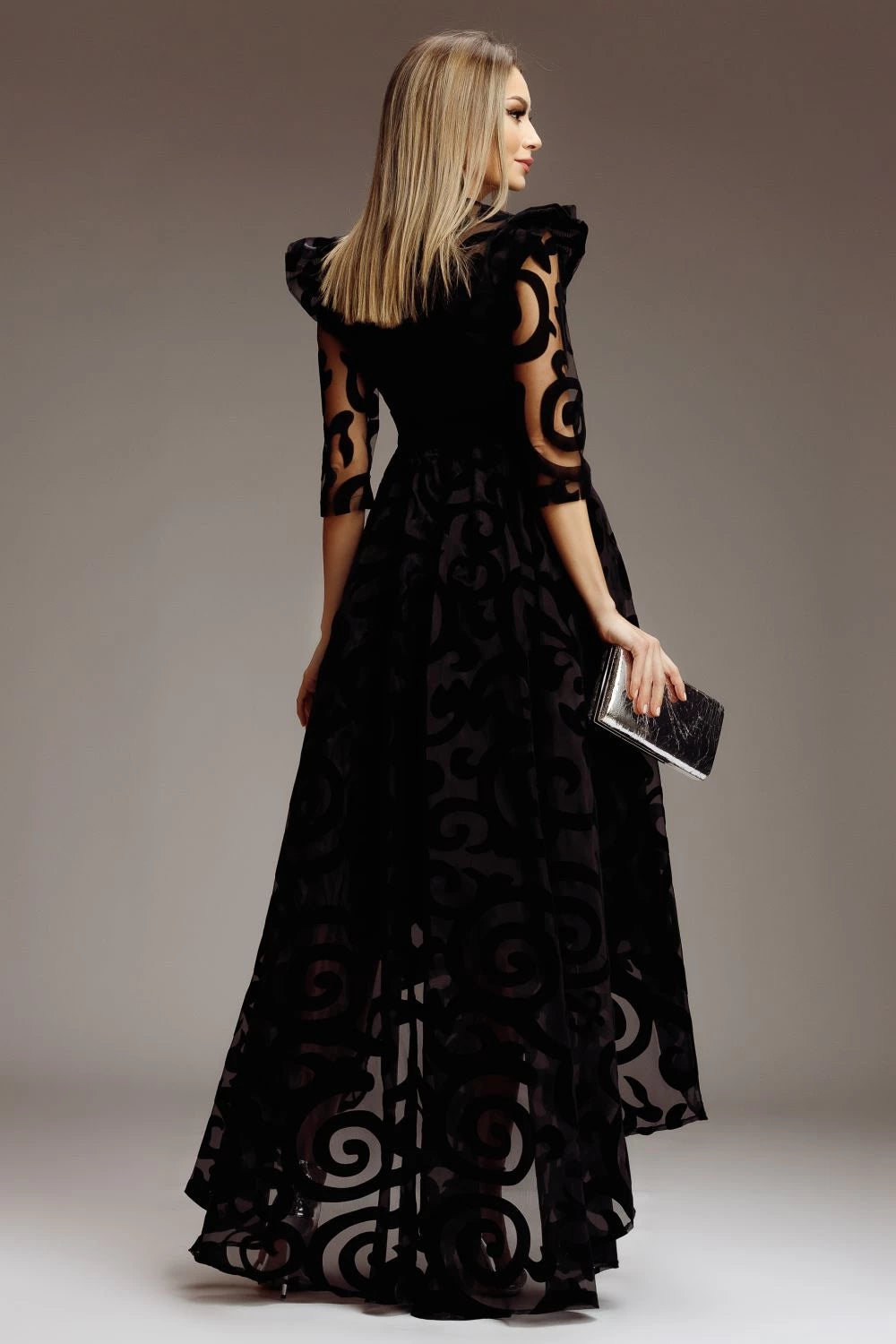 Rochie Veda neagra asimetrica din organza cu insertii din catifea 5