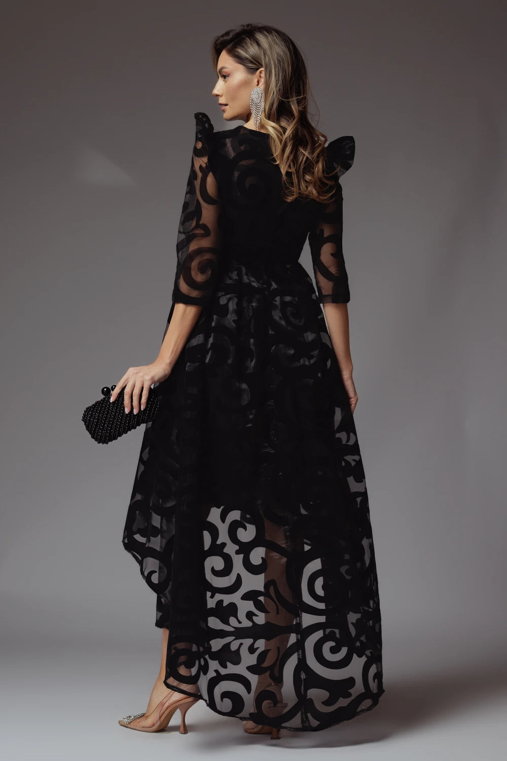 Rochie Veda neagra asimetrica din organza cu insertii din catifea 7