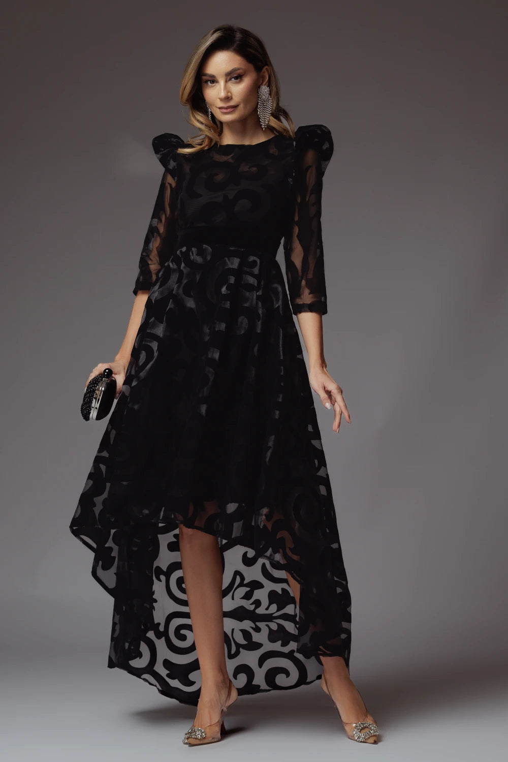 Rochie Veda neagra asimetrica din organza cu insertii din catifea 3