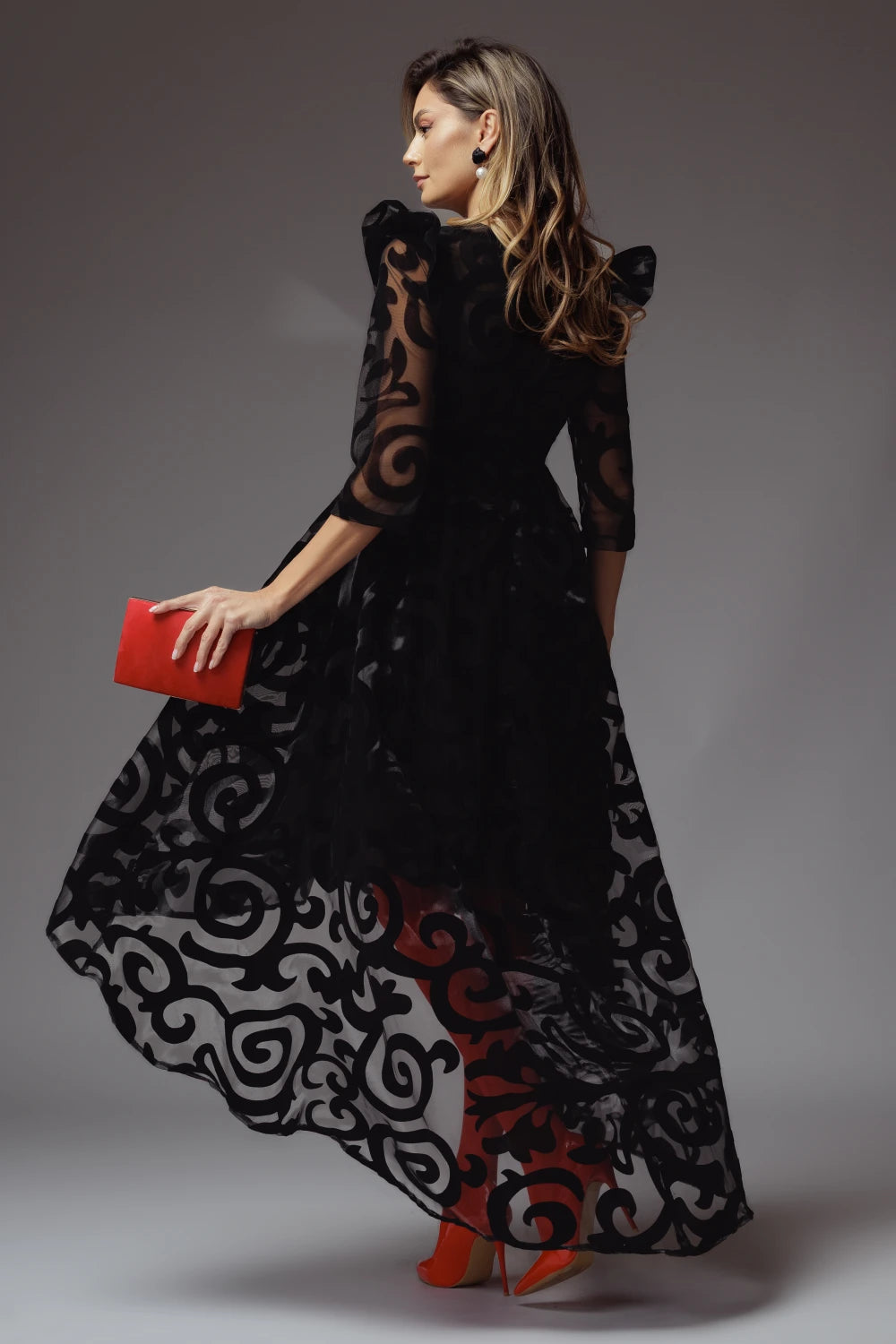 Rochie Veda neagra asimetrica din organza cu insertii din catifea 6