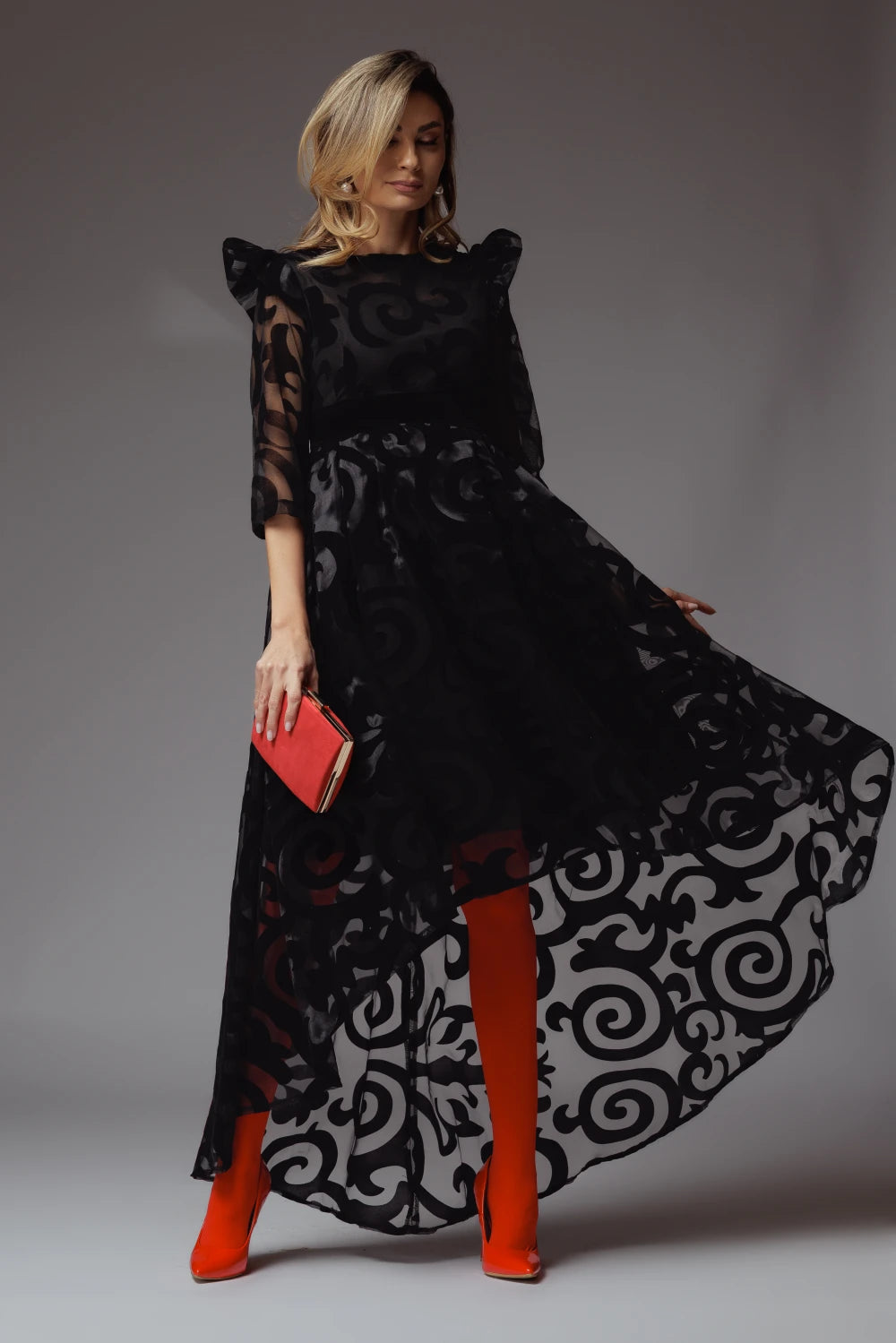 Rochie Veda neagra asimetrica din organza cu insertii din catifea