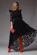 Rochie Veda neagra asimetrica din organza cu insertii din catifea