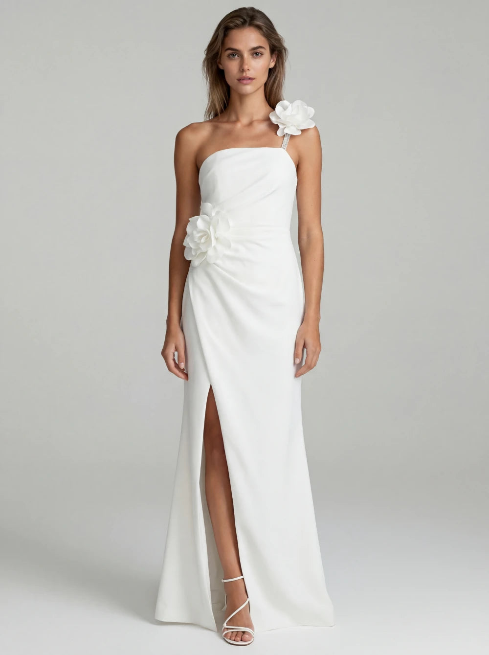 Rochie Desire albă lungă elegantă cu floare 3D