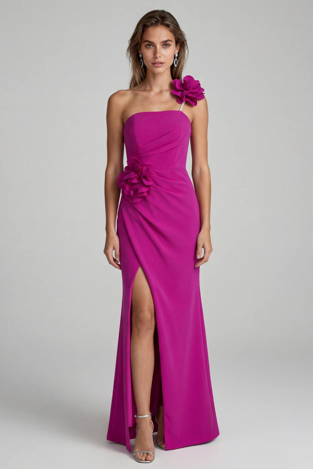 Rochie Desire lungă elegantă fucsia cu design asimetric