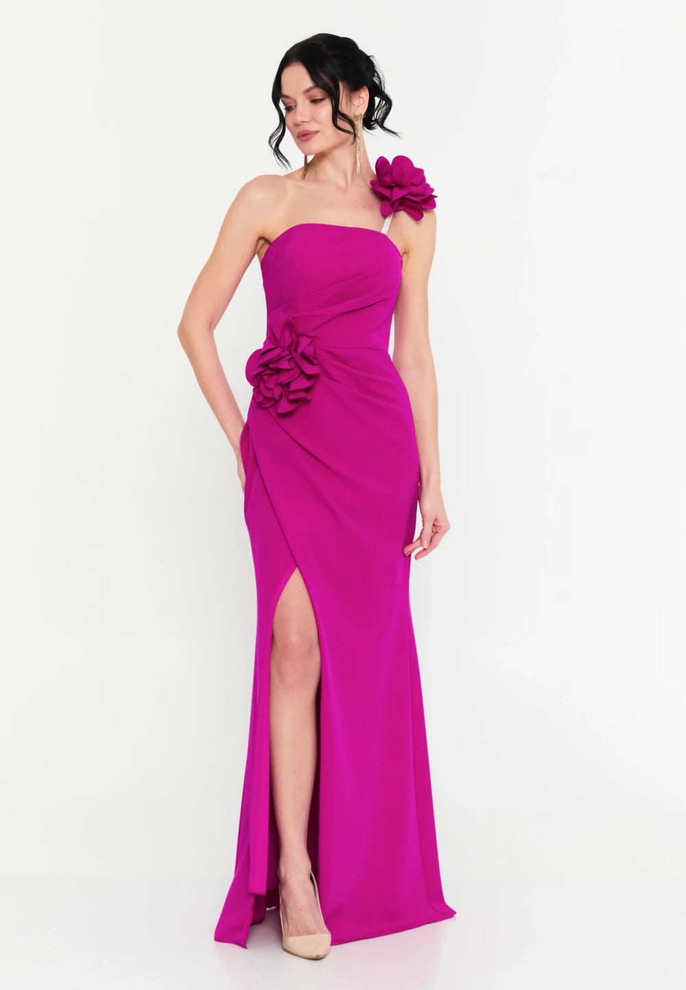 Rochie Desire lungă elegantă fucsia cu design asimetric 2